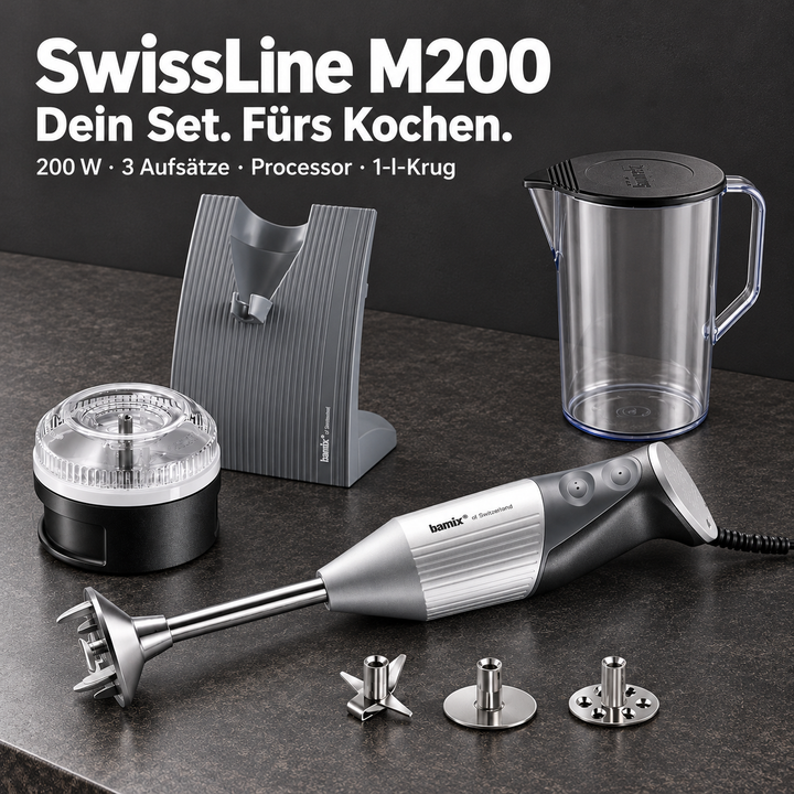 bamix SwissLine M200 – 200-W-Stabmixer mit 3 Aufsätzen, Processor und 1-Liter-Becher