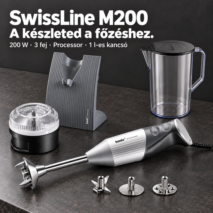 bamix SwissLine M200 – 200 W-os botmixer 3 fejjel, Processorral és 1 literes kancsóval