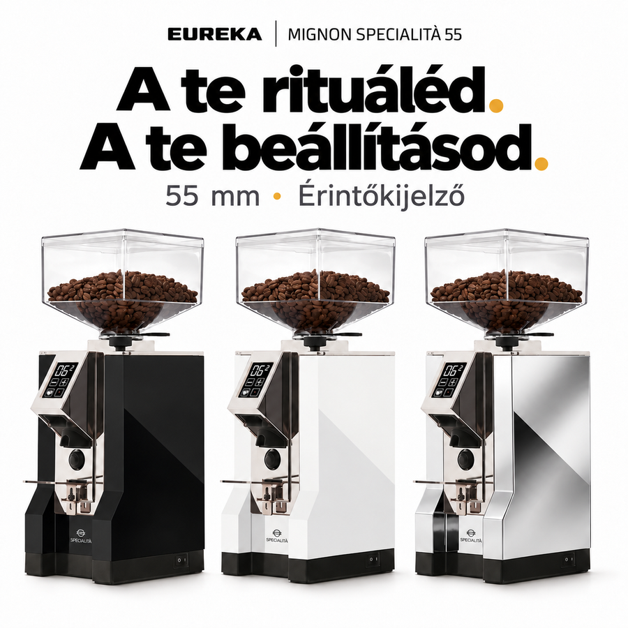 Eureka Mignon Specialità 55 – eszpresszóőrlő 55 mm-es síktárcsákkal, érintőképernyővel és időzítővel