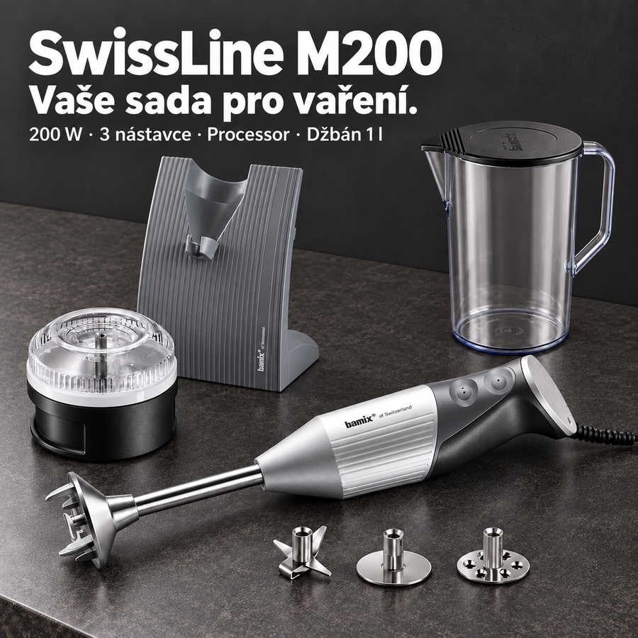 bamix SwissLine M200 – 200W tyčový mixér se 3 nástavci, Processorem a 1litrovým džbánem