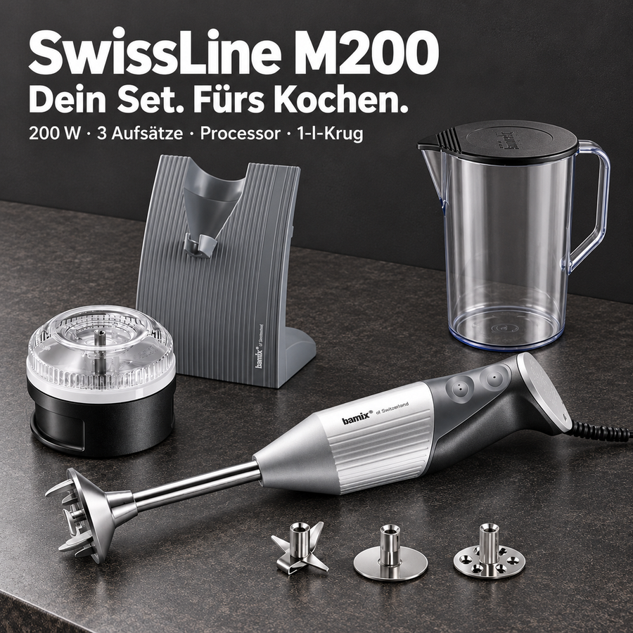 bamix SwissLine M200 – 200-W-Stabmixer mit 3 Aufsätzen, Processor und 1-Liter-Becher