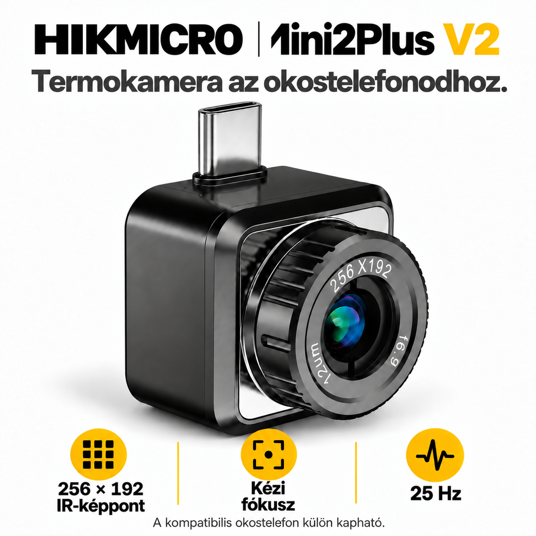 HIKMICRO Mini2Plus V2 – Okostelefonos hőkamera kézi fókusszal, 256 × 192 pixellel és 25 Hz képfrissítéssel
